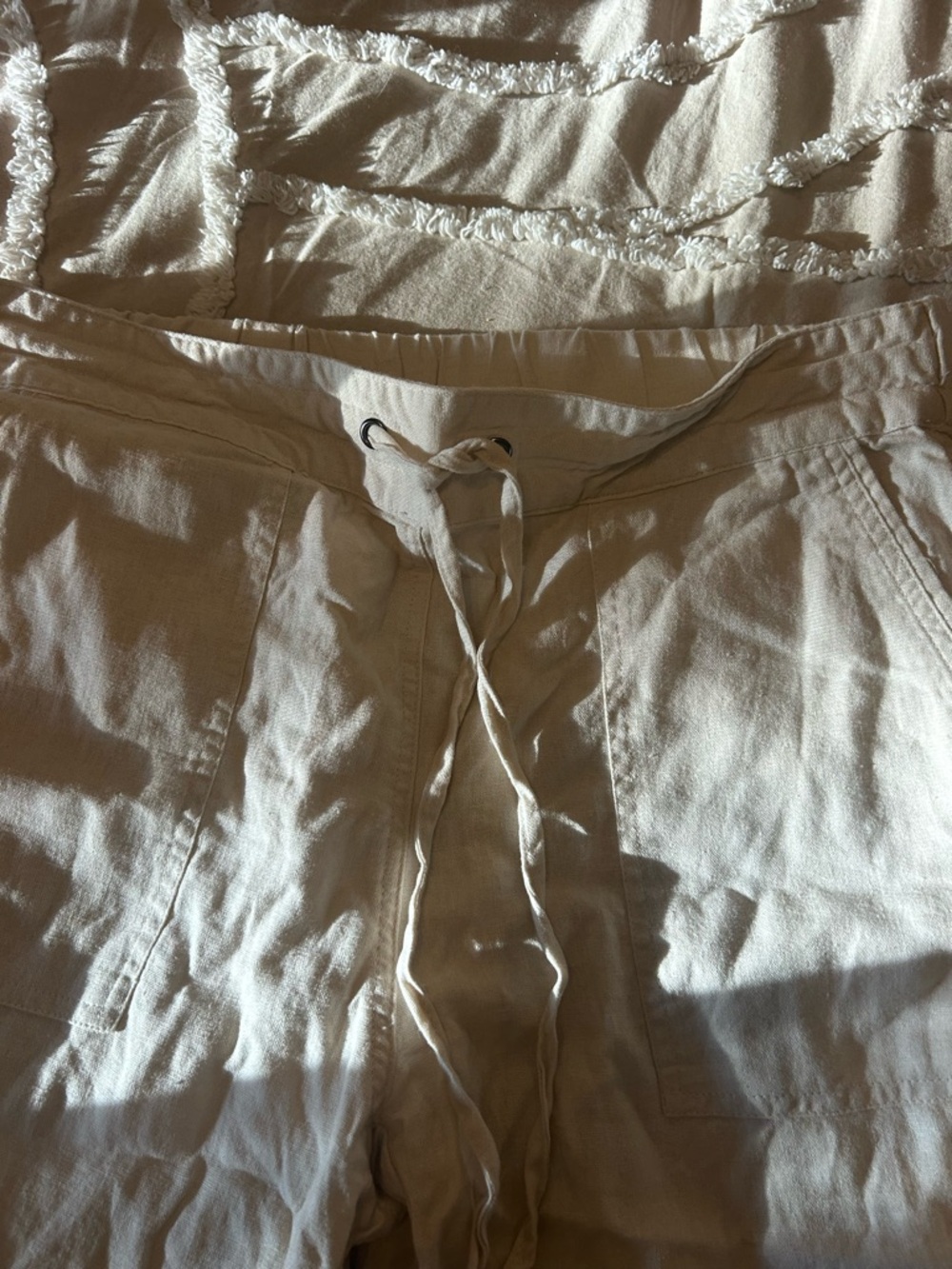 Casual Cream Linen Drawstring Pants - Picture 3 of 6
